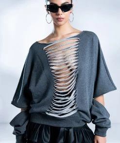 SPOTLIGHT SHREDDED ZIP SLEEVE SWEATSHIRT