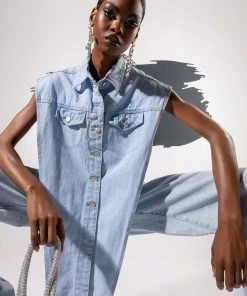 FROM ANY ANGLE LIGHT WASH ANGLED DENIM VEST