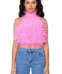 GENUINE OSTRICH FEATHER SLEEVELESS CROPPED HALTER BLOUSE