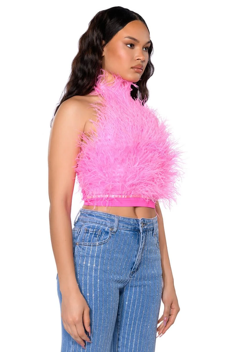GENUINE OSTRICH FEATHER SLEEVELESS CROPPED HALTER BLOUSE - Image 2