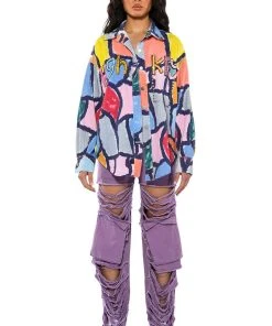 HIGH KEY ABSTRACT BUTTON DOWN BLOUSE -AKIRA pant-shop high key abstract button down blouse blue multi 3 3