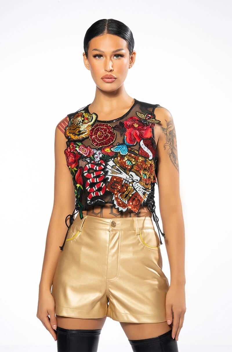 INKED SLEEVELESS SEQUIN APPLIQUE CROP TOP - Image 2