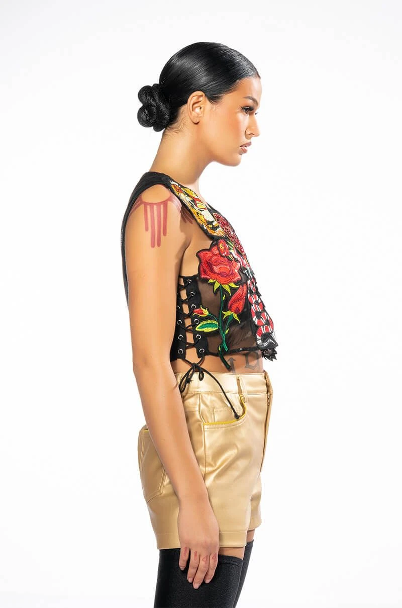 INKED SLEEVELESS SEQUIN APPLIQUE CROP TOP - Image 3