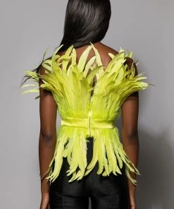 ISLA STATEMENT STRAPLESS FEATHER TOP 19 ISLA STATEMENT STRAPLESS FEATHER TOP -AKIRA pant-shop isla statement strapless feather top yellow 6 6