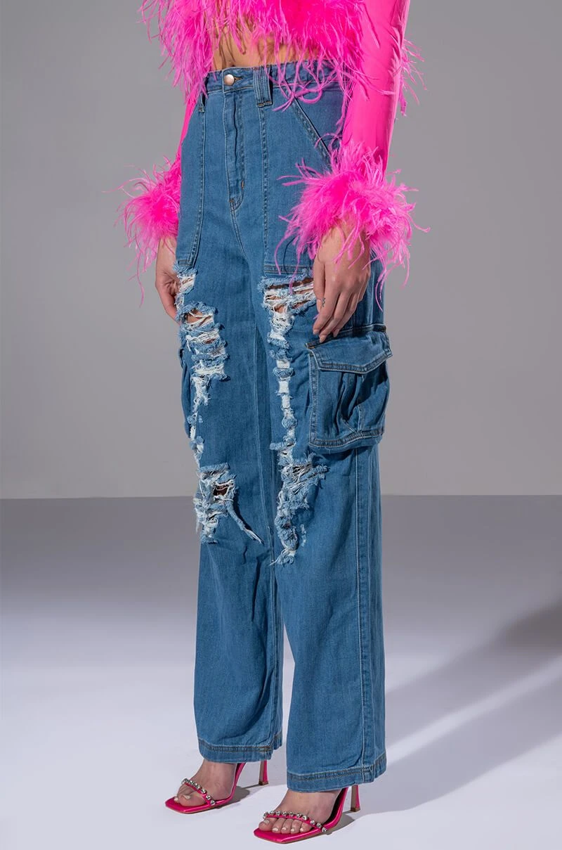 IVY DISTRESSED CARGO HIGH WAISTED JEANS - Image 2