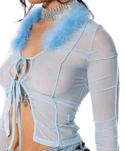 KEEP MY ATTENTION FEATHER DETAIL MESH TOP 15 KEEP MY ATTENTION FEATHER DETAIL MESH TOP -AKIRA pant-shop keep my attention feather detail mesh top blue 7 7