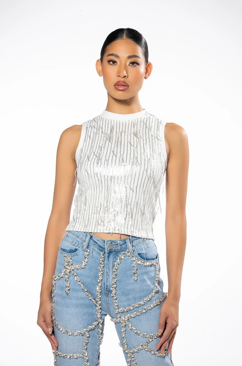 LEAVIN ON A JET PLANE SLEEVELESS RHINESTONE TANK - Image 3