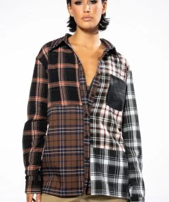 LITHIUM LONG SLEEVE PATCHWORK FLANNEL BUTTON DOWN 10 LITHIUM LONG SLEEVE PATCHWORK FLANNEL BUTTON DOWN -AKIRA pant-shop lithium long sleeve patchwork flannel button down brown multi 2 2 c1