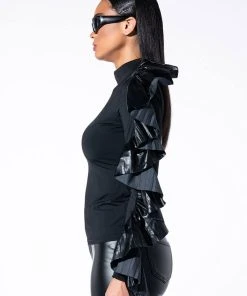 MAKE A FUSS SLEEVE DETAIL MOCK NECK CROP TOP -AKIRA pant-shop make a fuss ruffle sleeve mock neck top black 6 6