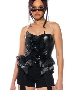 MAKE A MOVIE FAUX LEATHER RUFFLE STRAPLESS TOP