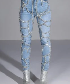 MAKE A WISH RHINESTONE HIGH WAISTED SKINNY JEAN -AKIRA pant-shop make a wish rhinestone high waisted skinny jean light blue denim 10 10