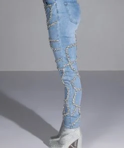 MAKE A WISH RHINESTONE HIGH WAISTED SKINNY JEAN -AKIRA pant-shop make a wish rhinestone high waisted skinny jean light blue denim 11 11