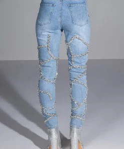 MAKE A WISH RHINESTONE HIGH WAISTED SKINNY JEAN -AKIRA pant-shop make a wish rhinestone high waisted skinny jean light blue denim 12 12