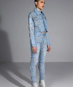 MAKE A WISH RHINESTONE HIGH WAISTED SKINNY JEAN -AKIRA pant-shop make a wish rhinestone high waisted skinny jean light blue denim 4 4