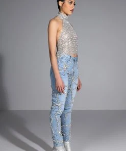 MAKE A WISH RHINESTONE HIGH WAISTED SKINNY JEAN -AKIRA pant-shop make a wish rhinestone high waisted skinny jean light blue denim 6 6