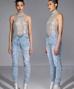 MAKE A WISH RHINESTONE HIGH WAISTED SKINNY JEAN -AKIRA pant-shop make a wish rhinestone high waisted skinny jean light blue denim 9 9