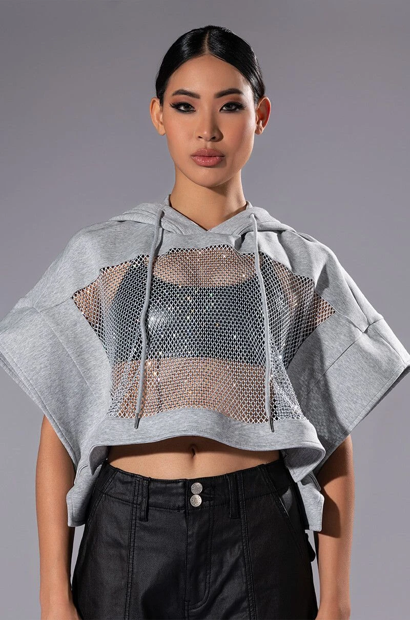 MIDNIGHT CALLS CROPPED DOLMAN SLEEVE RHINESTONE HOODIE - Image 3