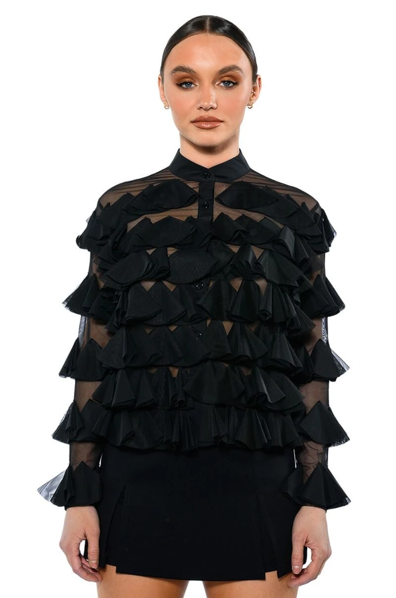 MISS EVERYTHING MESH RUFFLE BUTTON DOWN TOP 3 MISS EVERYTHING MESH RUFFLE BUTTON DOWN TOP