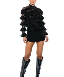 MISS EVERYTHING MESH RUFFLE BUTTON DOWN TOP 10 MISS EVERYTHING MESH RUFFLE BUTTON DOWN TOP -AKIRA pant-shop miss everything mesh ruffle button down top black 3 3