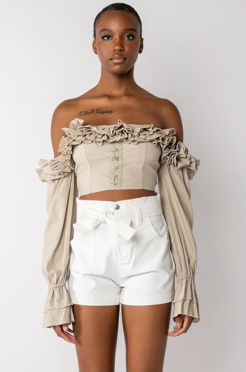 MODERN ROMANCE RUFFLE OFF THE SHOULDER CROPPED BLOUSE - Image 3