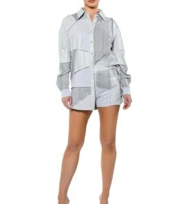 MULTI GREY PATCHWORK BUTTON DOWN BLOUSE 10 MULTI GREY PATCHWORK BUTTON DOWN BLOUSE -AKIRA pant-shop multi grey patchwork button down blouse grey multi 3 3