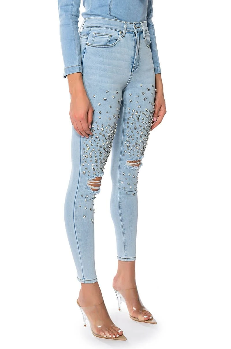 OUTTA THIS WORLD DISTRESSED RHINESTONE HIGH RISE SKINNY JEANS - Image 2