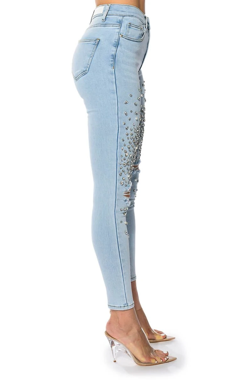 OUTTA THIS WORLD DISTRESSED RHINESTONE HIGH RISE SKINNY JEANS - Image 6