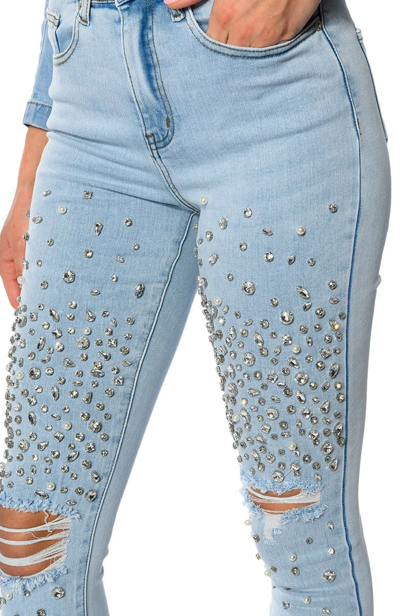 OUTTA THIS WORLD DISTRESSED RHINESTONE HIGH RISE SKINNY JEANS - Image 8