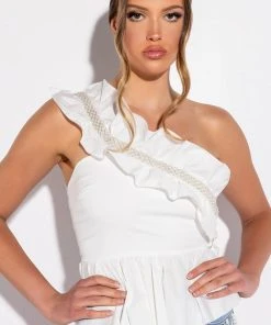 PEARL DETAIL ONE SHOULDER POPLIN PEPLUM BLOUSE