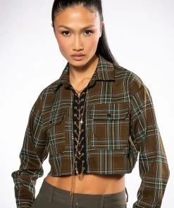 PLAID ROMANCE CHAIN LACE UP CROPPED BLOUSE