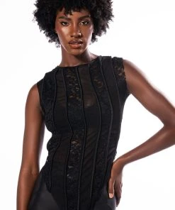 SEXY LACE PANEL SLEEVELESS MESH BLOUSE