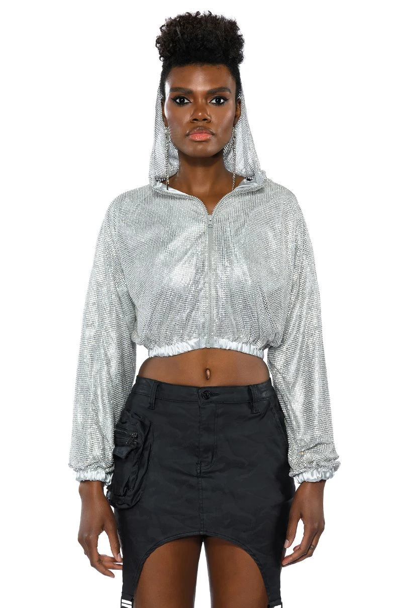 SHINE STAR RHINESTONE CHAINMAIL CROP HOODIE - Image 3