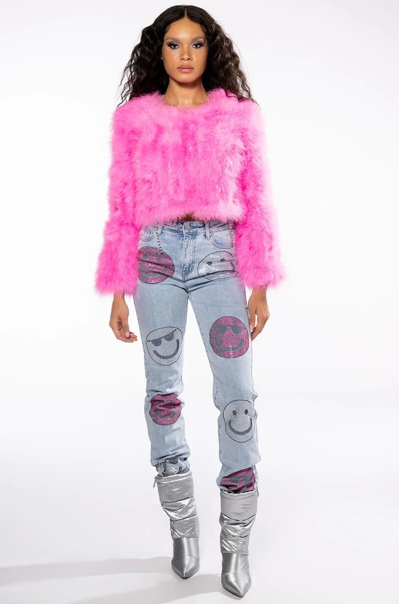 SMILEY FACES RHINESTONE HIGH RISE STRAIGHT LEG JEANS - Image 10