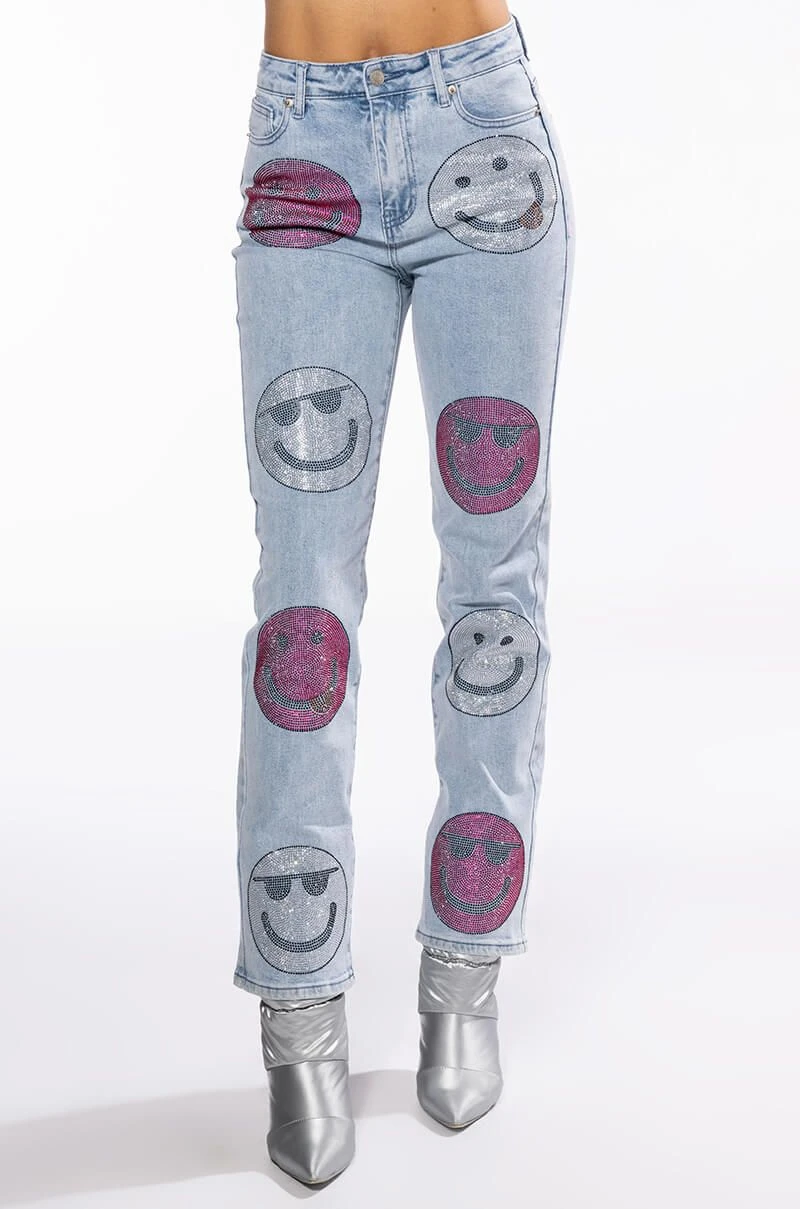 SMILEY FACES RHINESTONE HIGH RISE STRAIGHT LEG JEANS - Image 5