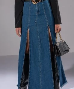 SO SLAYING DOUBLE SLIT DENIM MAXI SKIRT
