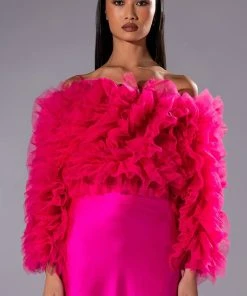 SOUND OFF TULLE RUFFLE LONG SLEEVE CROP BLOUSE