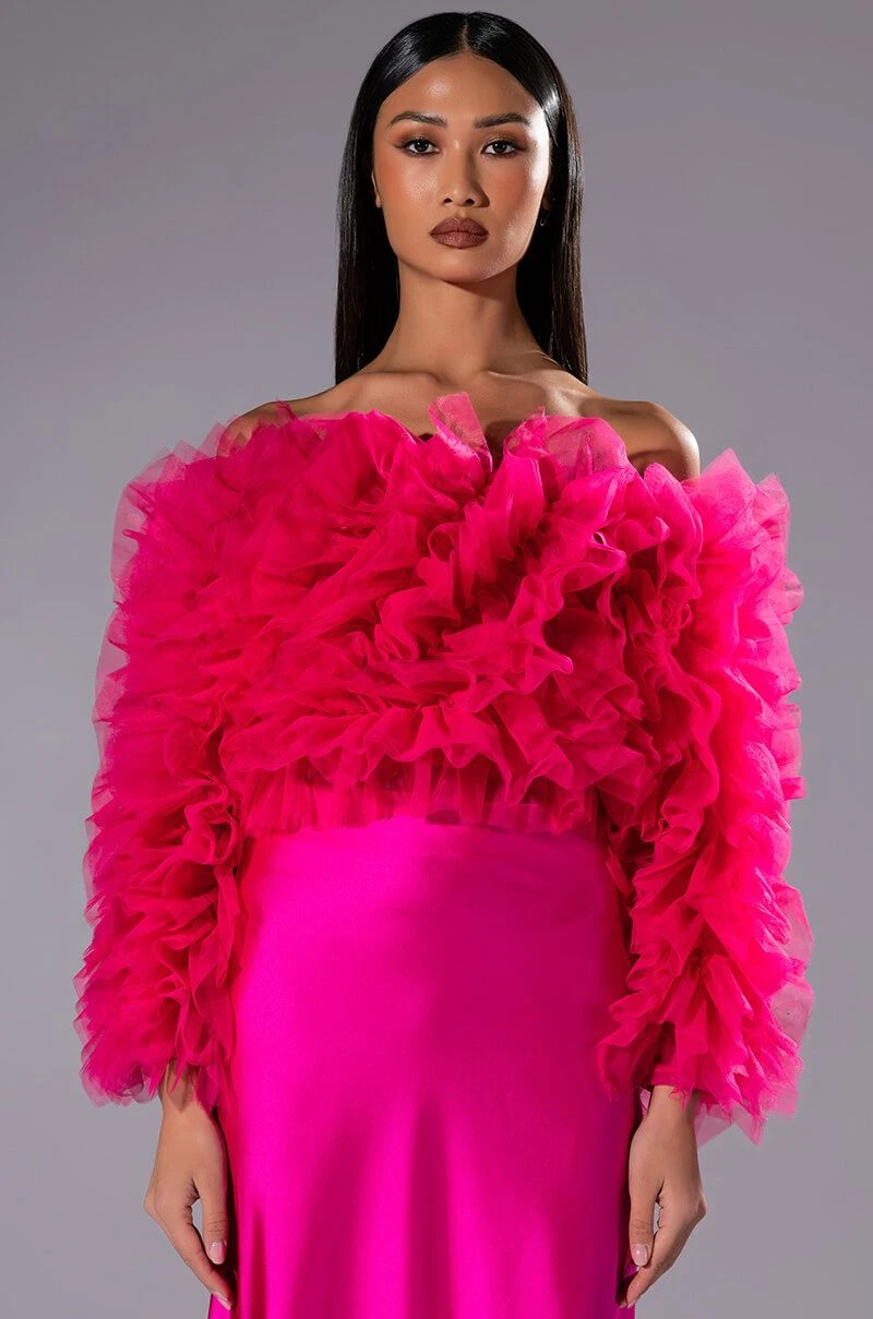 SOUND OFF TULLE RUFFLE LONG SLEEVE CROP BLOUSE