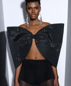 STANDING OVATION PINSTRIPE RHINESTONE DRAMATIC BOW TOP