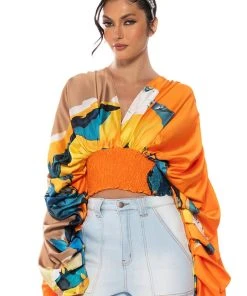 STELLA PRINT LONG SLEEVE SATIN BLOUSE