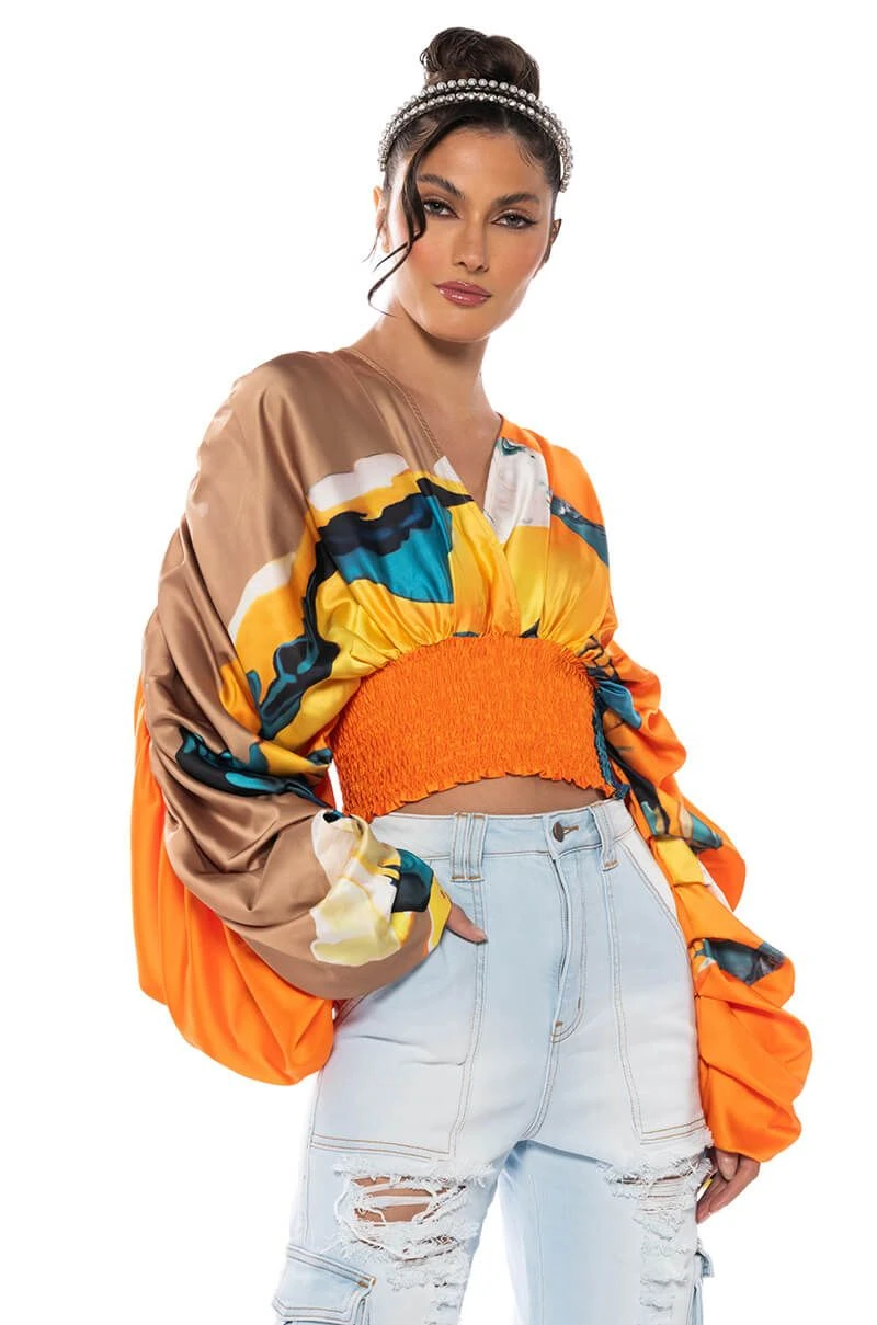 STELLA PRINT LONG SLEEVE SATIN BLOUSE - Image 2