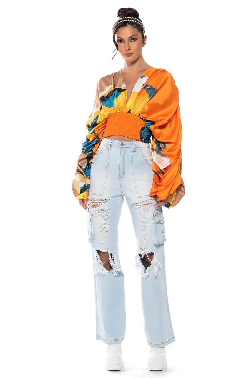 STELLA PRINT LONG SLEEVE SATIN BLOUSE - Image 3