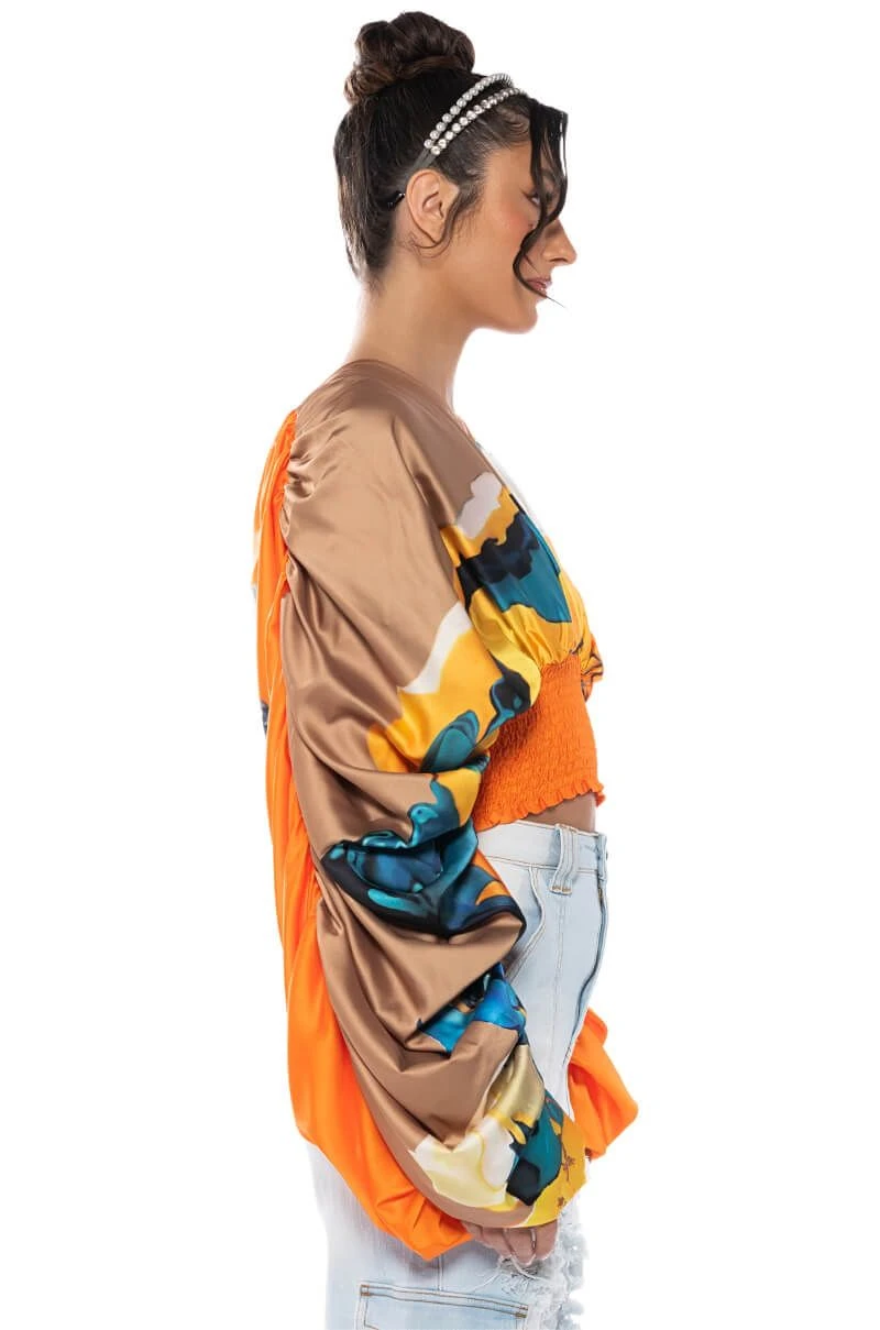 STELLA PRINT LONG SLEEVE SATIN BLOUSE - Image 4