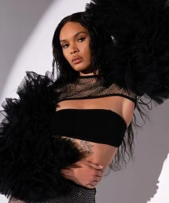 STEVIE RHINESTONE MESH TULLE LONG SLEEVE BLOUSE