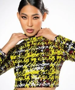 SWEET ESCAPE SEQUIN PLAID MOCK NECK CROP TOP