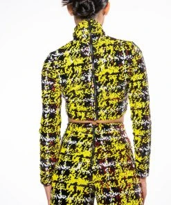 SWEET ESCAPE SEQUIN PLAID MOCK NECK CROP TOP 17 SWEET ESCAPE SEQUIN PLAID MOCK NECK CROP TOP -AKIRA pant-shop sweet escape sequin plaid mock neck crop top yellow multi 7 7