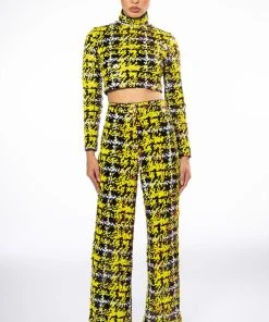 SWEET ESCAPE SEQUIN PLAID MOCK NECK CROP TOP 19 SWEET ESCAPE SEQUIN PLAID MOCK NECK CROP TOP -AKIRA pant-shop sweet escape sequin plaid mock neck crop top yellow multi 9 9