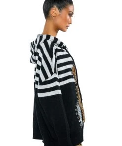TEDDY HOODED STRIPED SWEATER 20 TEDDY HOODED STRIPED SWEATER -AKIRA pant-shop teddy hooded striped sweater black multi 8 8