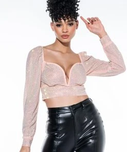 THE SHOW GOES ON RHINESTONE MESH LONG SLEEVE BLOUSE