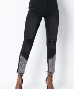 TOO GOOD HIGH WAISTED RHINESTONE FRINGE SKINNY JEANS