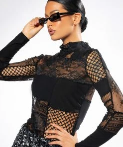 TRUST ISSUES LONG SLEEVE MOCK NECK PATCHWORK TOP